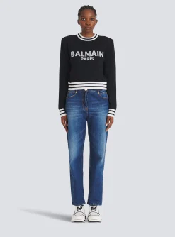 Cropped Wool Sweatshirt With Logo-Balmain Discount