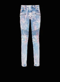 Denim Biker Jeans With A Palm Tree Print-Balmain Flash Sale
