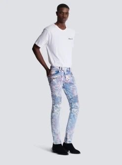 Denim Biker Jeans With A Palm Tree Print-Balmain Flash Sale