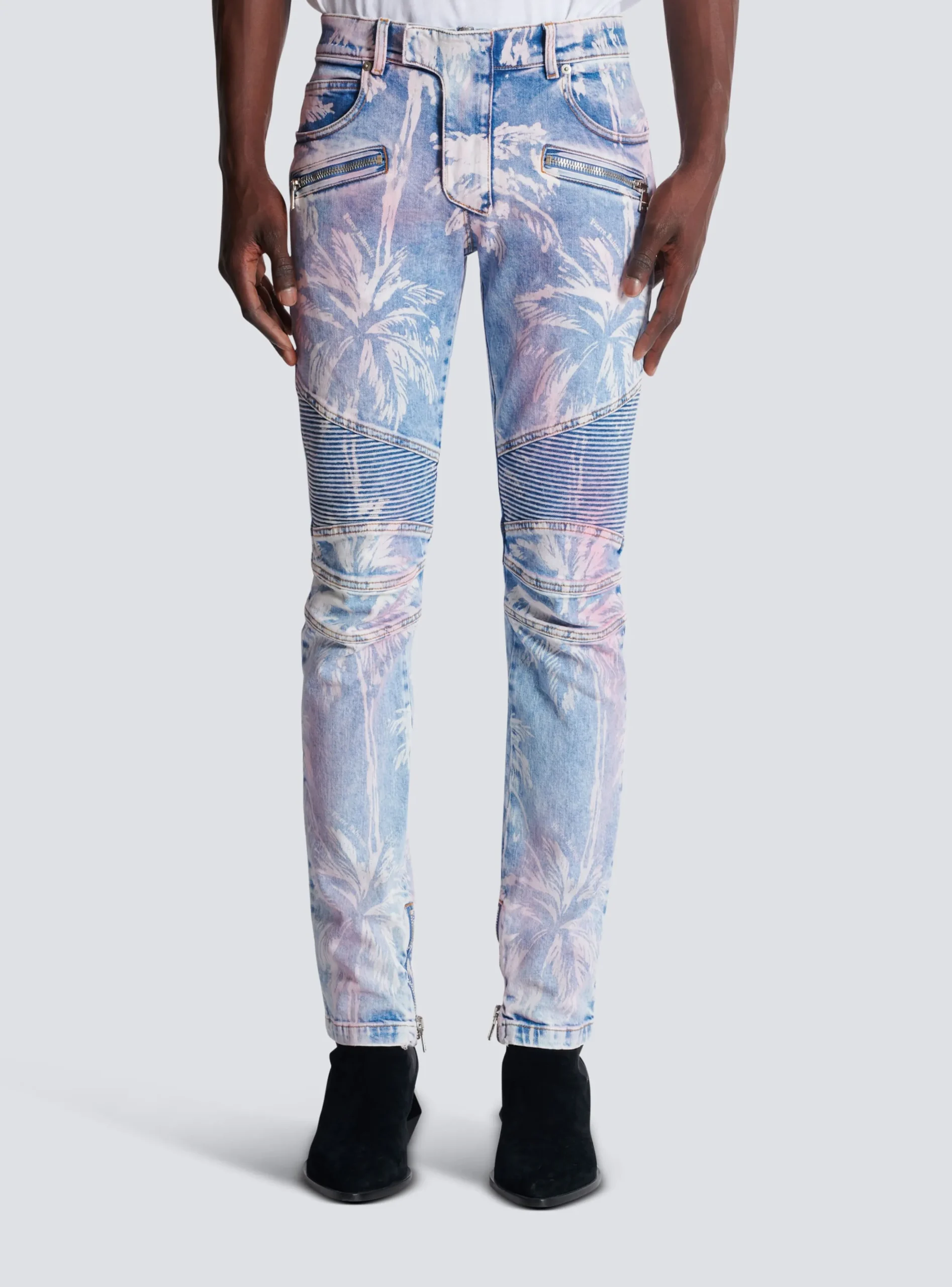 Denim Biker Jeans With A Palm Tree Print-Balmain Flash Sale