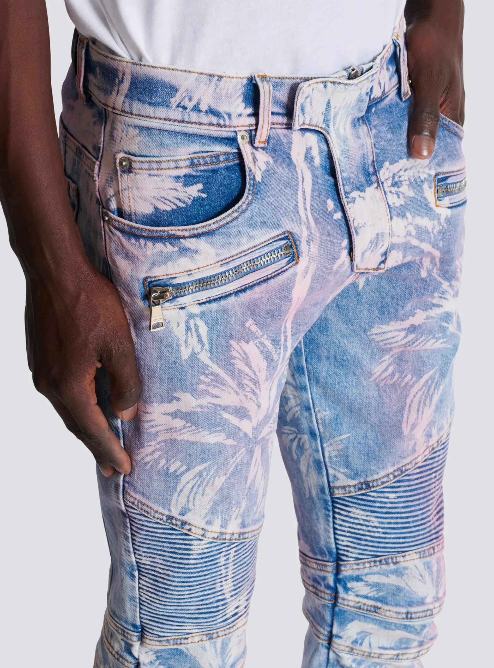 Denim Biker Jeans With A Palm Tree Print-Balmain Flash Sale