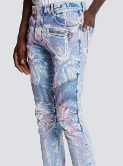 Denim Biker Jeans With A Palm Tree Print-Balmain Flash Sale