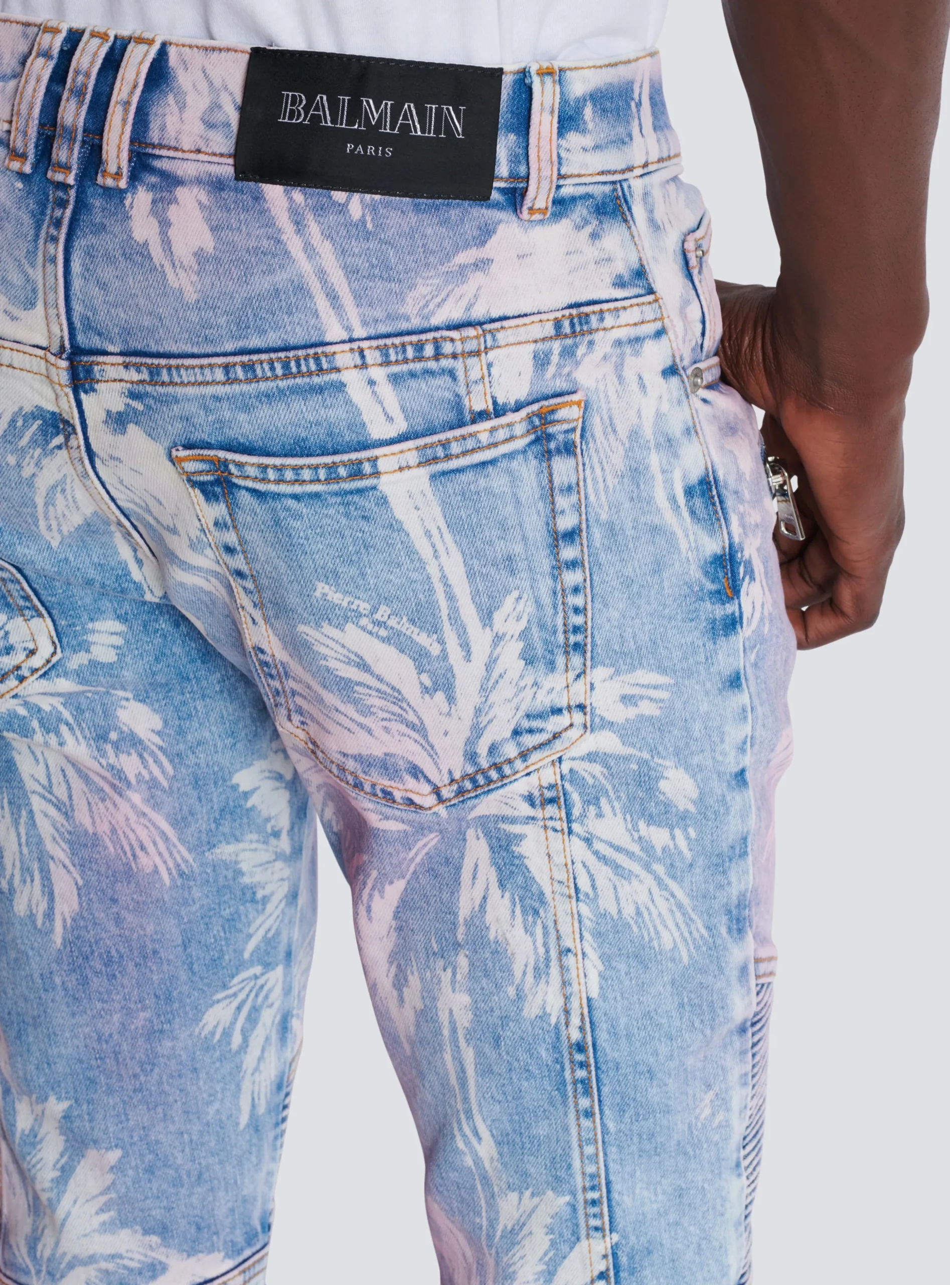 Denim Biker Jeans With A Palm Tree Print-Balmain Flash Sale