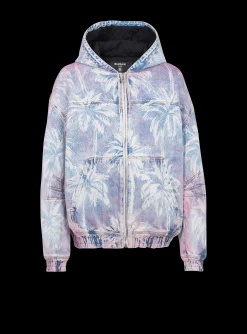 Denim Hooded Bomber Jacket With Palm Tree Print-Balmain New