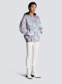 Denim Hooded Bomber Jacket With Palm Tree Print-Balmain New
