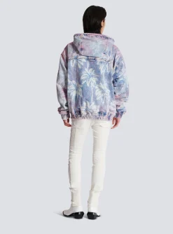 Denim Hooded Bomber Jacket With Palm Tree Print-Balmain New