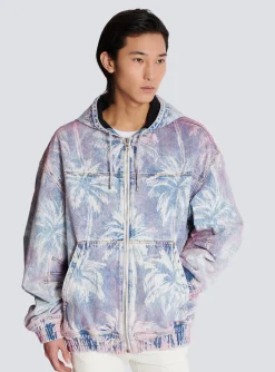 Denim Hooded Bomber Jacket With Palm Tree Print-Balmain New