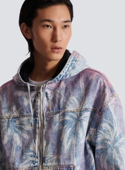 Denim Hooded Bomber Jacket With Palm Tree Print-Balmain New