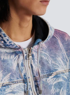 Denim Hooded Bomber Jacket With Palm Tree Print-Balmain New