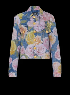 Denim Jacket With Pastel Roses Print-Balmain Sale