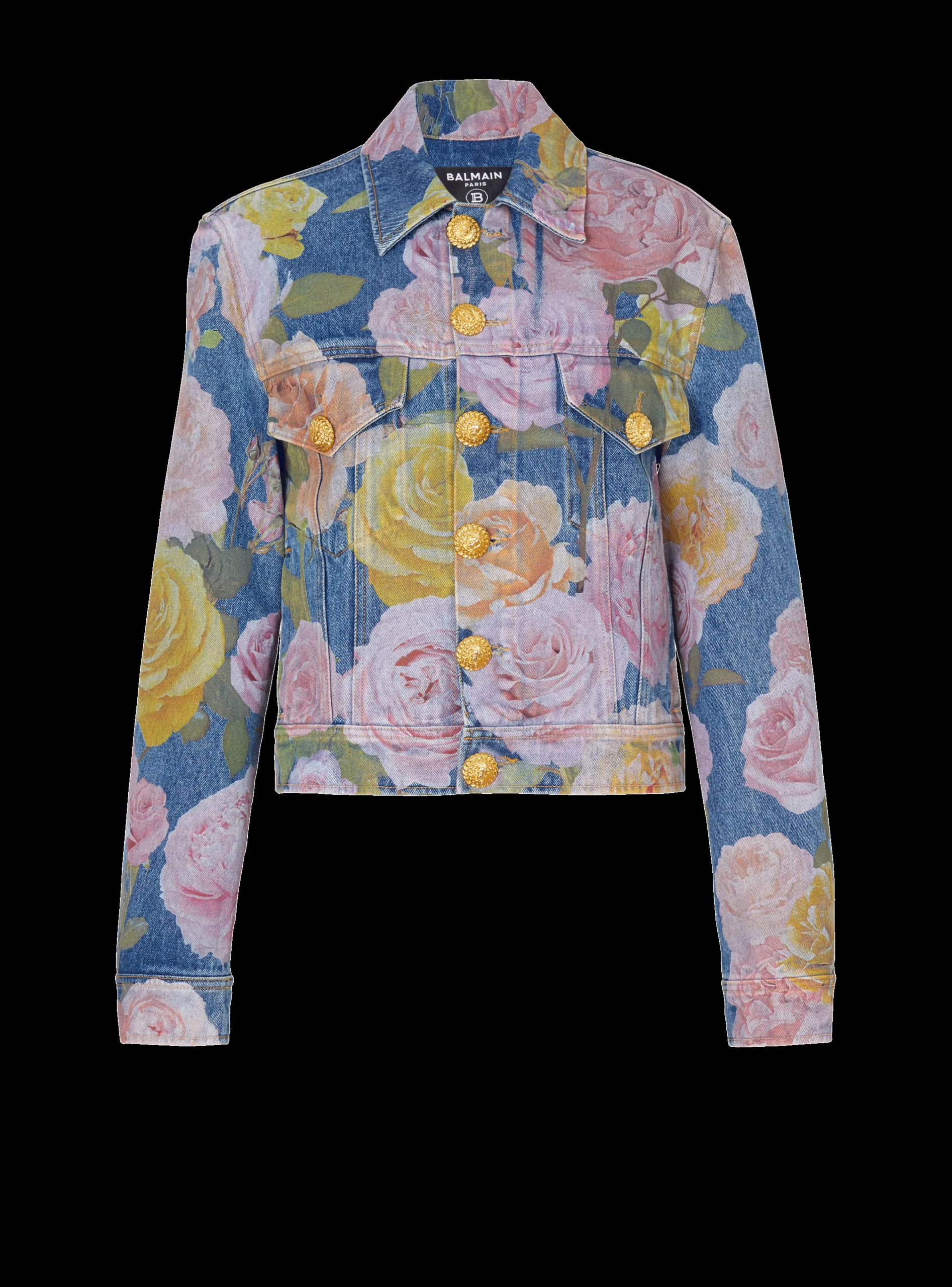 Denim Jacket With Pastel Roses Print-Balmain Sale