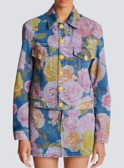 Denim Jacket With Pastel Roses Print-Balmain Sale