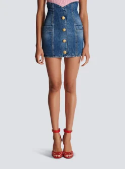 Denim Tulip Skirt With Buttons-Balmain Store
