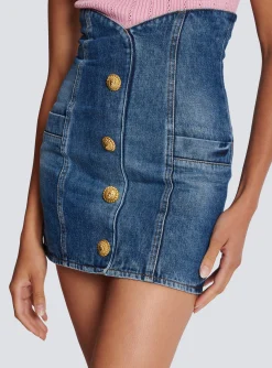 Denim Tulip Skirt With Buttons-Balmain Store