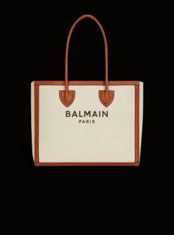 Ecru Canvas B-Army 42 Tote Bag With Brown Leather Panels-Balmain Hot