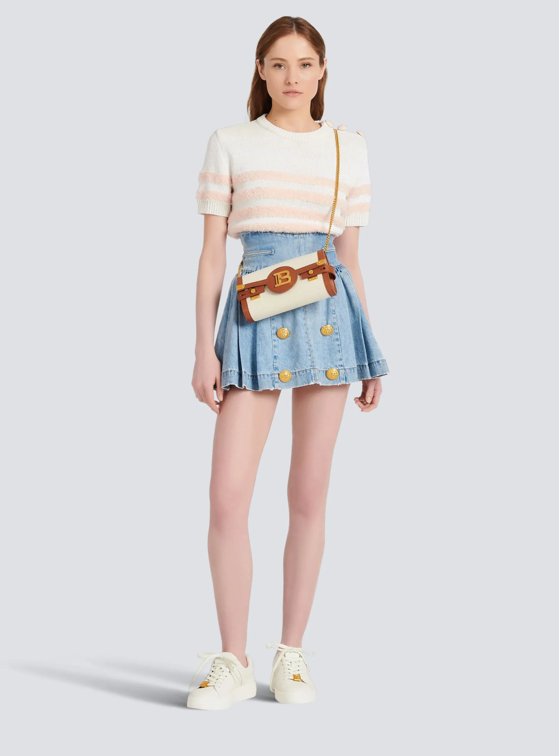 Ecru Canvas B-Buzz 23 Clutch With Brown Leather Panels-Balmain Fashion