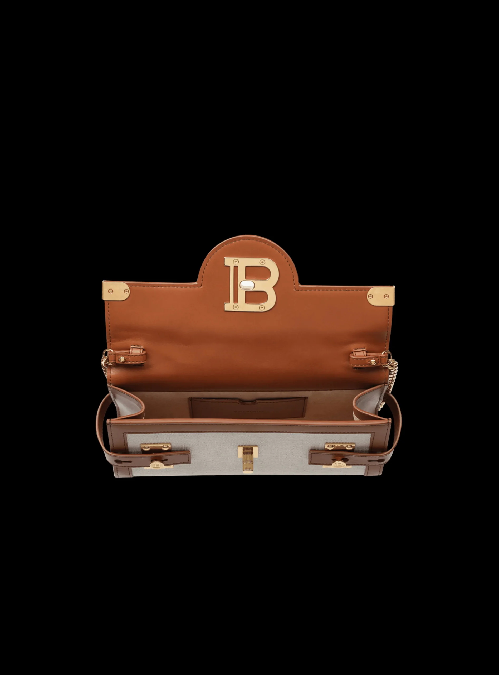 Ecru Canvas B-Buzz 23 Clutch With Brown Leather Panels-Balmain Fashion