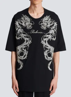 Embroidered Dragon T-shirt With Rhinestones-Balmain Store