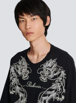 Embroidered Dragon T-shirt With Rhinestones-Balmain Store
