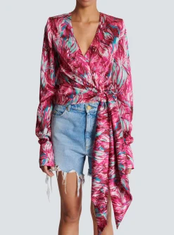 Feather Print Satin Wrap Blouse-Balmain Cheap