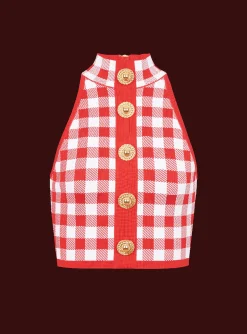 Fine Gingham Knit Tank Top-Balmain Clearance