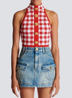 Fine Gingham Knit Tank Top-Balmain Clearance