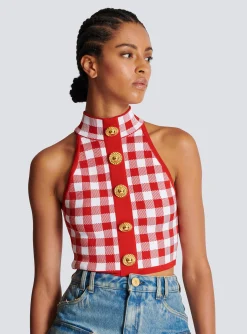 Fine Gingham Knit Tank Top-Balmain Clearance