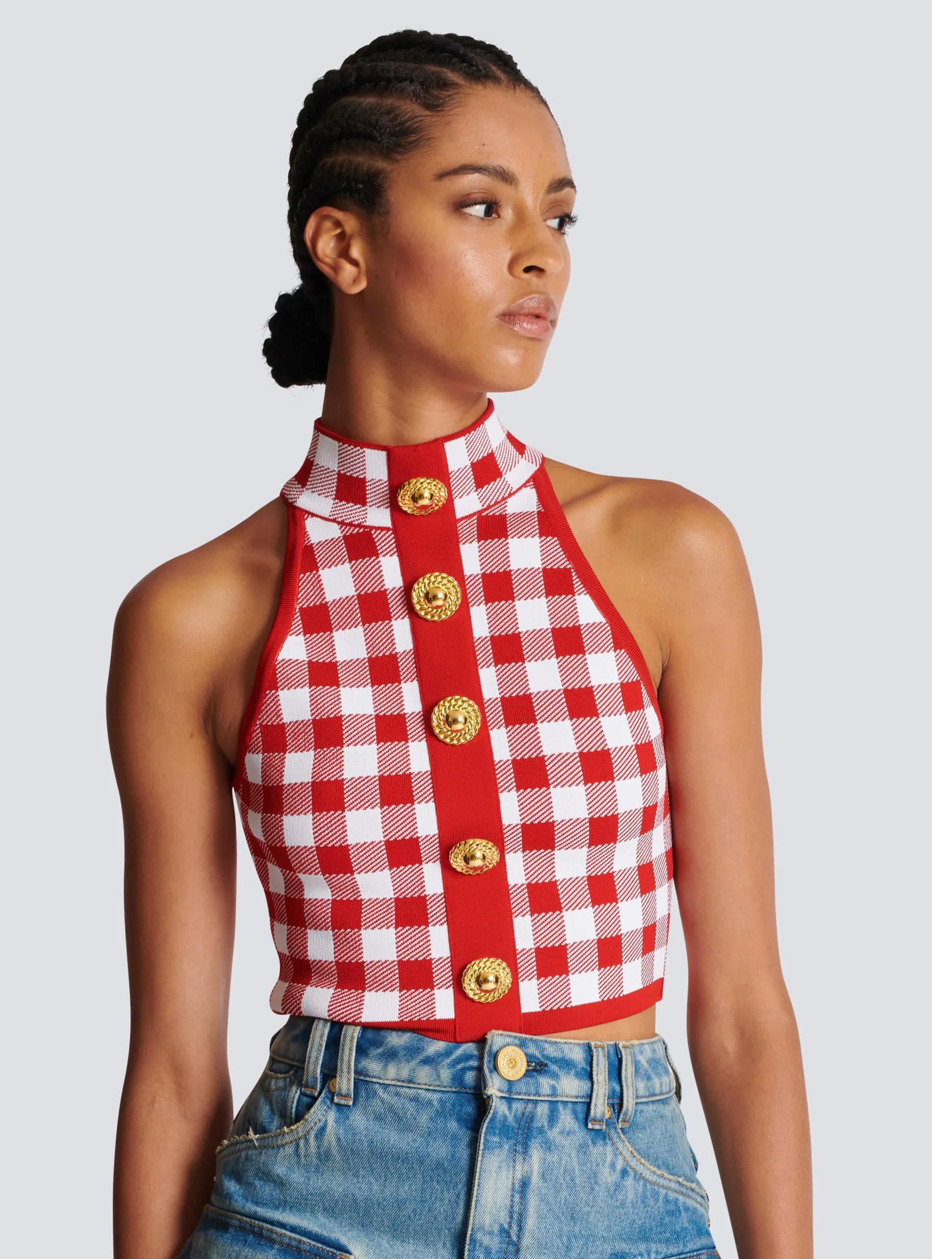 Fine Gingham Knit Tank Top-Balmain Clearance