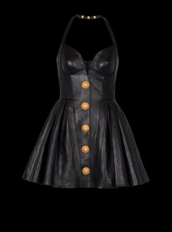 Flared Pleated Halterneck Dress In Leather-Balmain Online