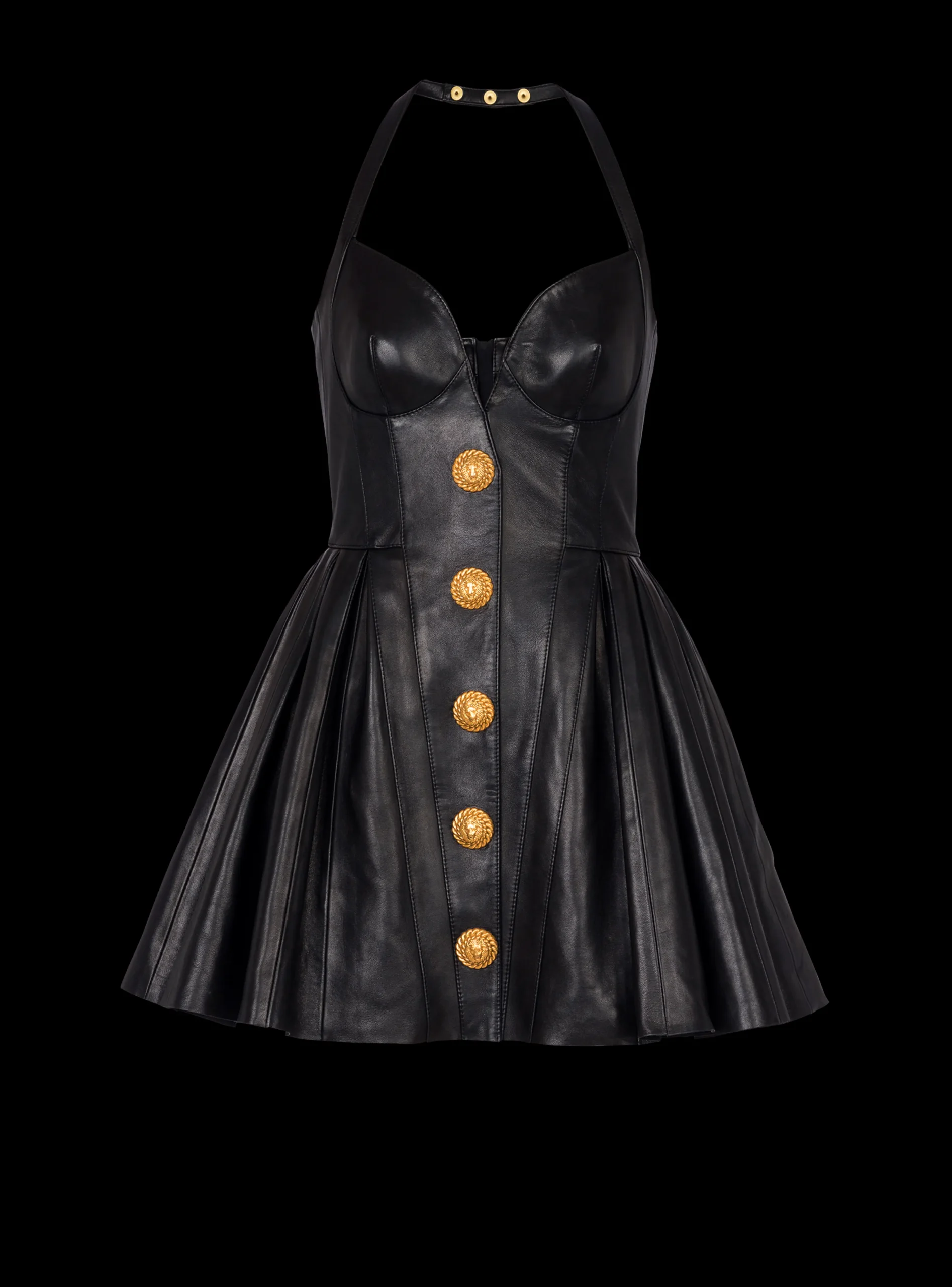Flared Pleated Halterneck Dress In Leather-Balmain Online
