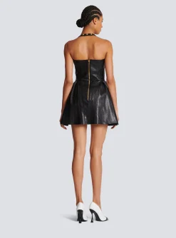 Flared Pleated Halterneck Dress In Leather-Balmain Online