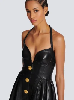 Flared Pleated Halterneck Dress In Leather-Balmain Online