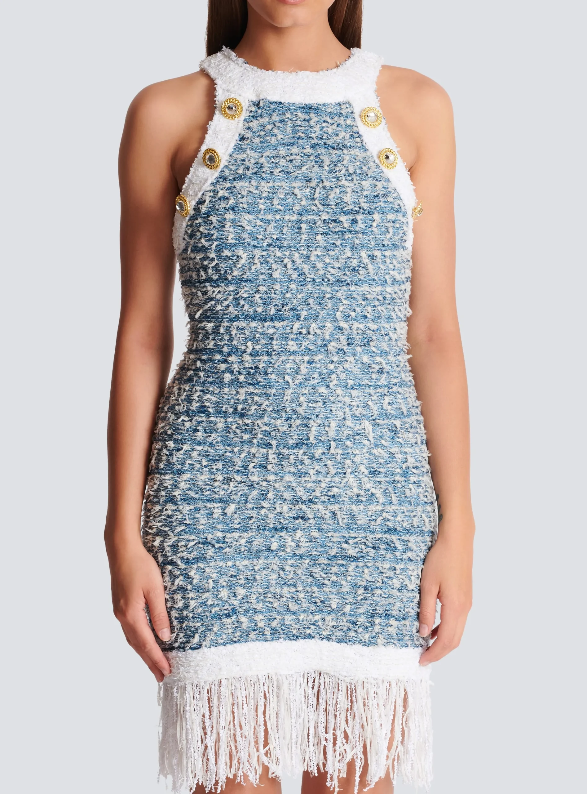 Fringed Denim Tweed Dress-Balmain Flash Sale