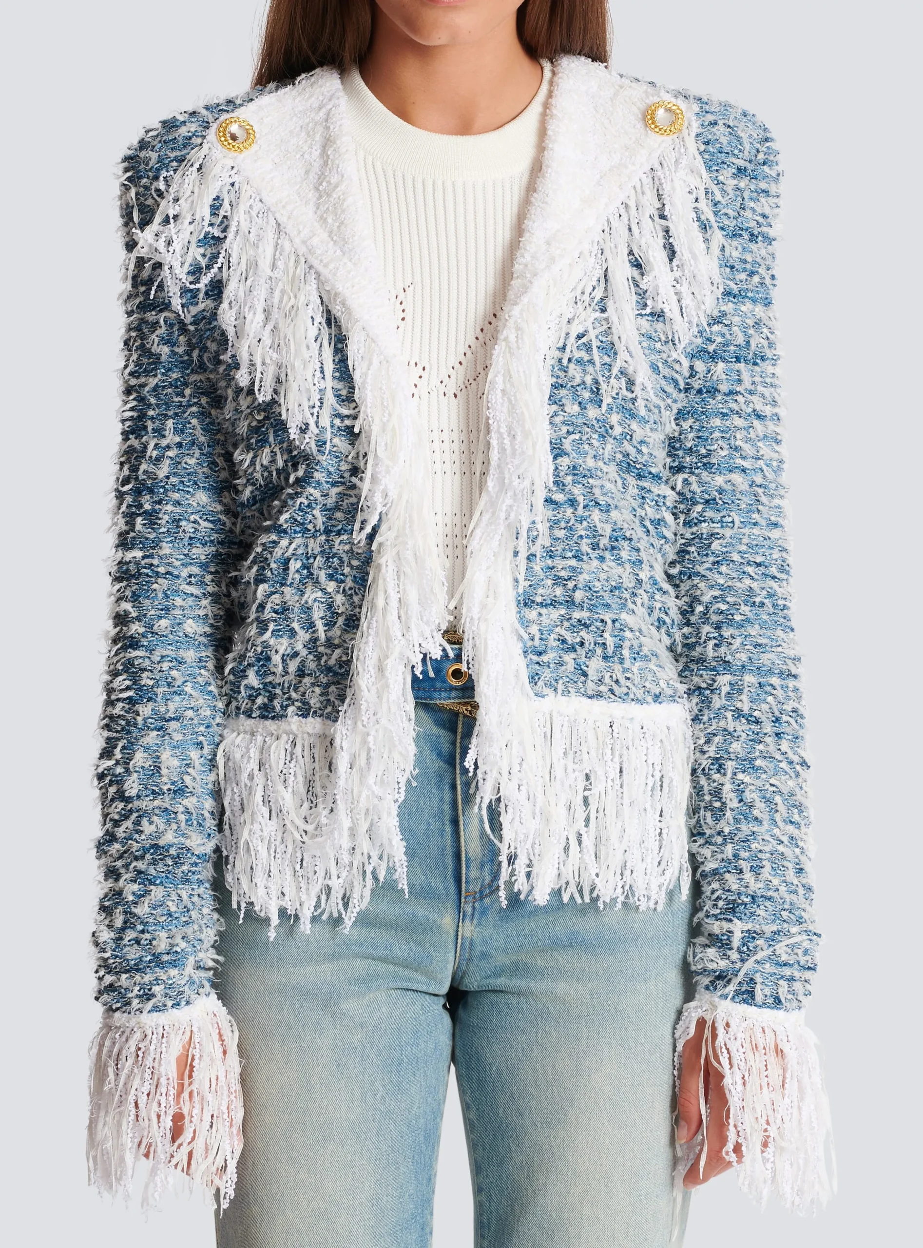 Fringed Denim Tweed Jacket-Balmain Sale
