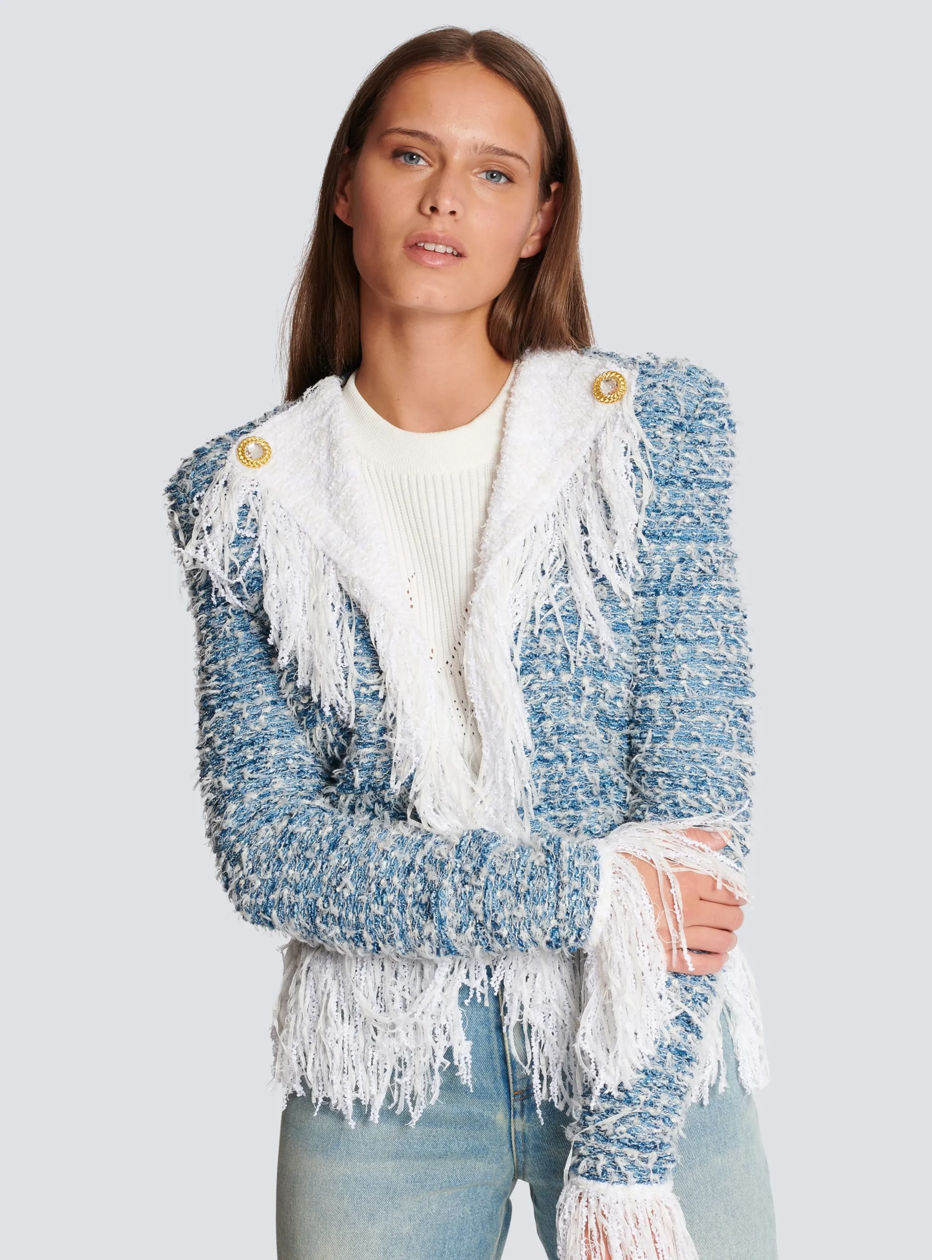 Fringed Denim Tweed Jacket-Balmain Sale