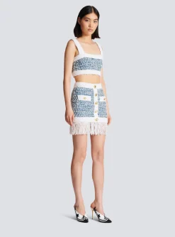 Fringed Denim Tweed Skirt-Balmain Hot