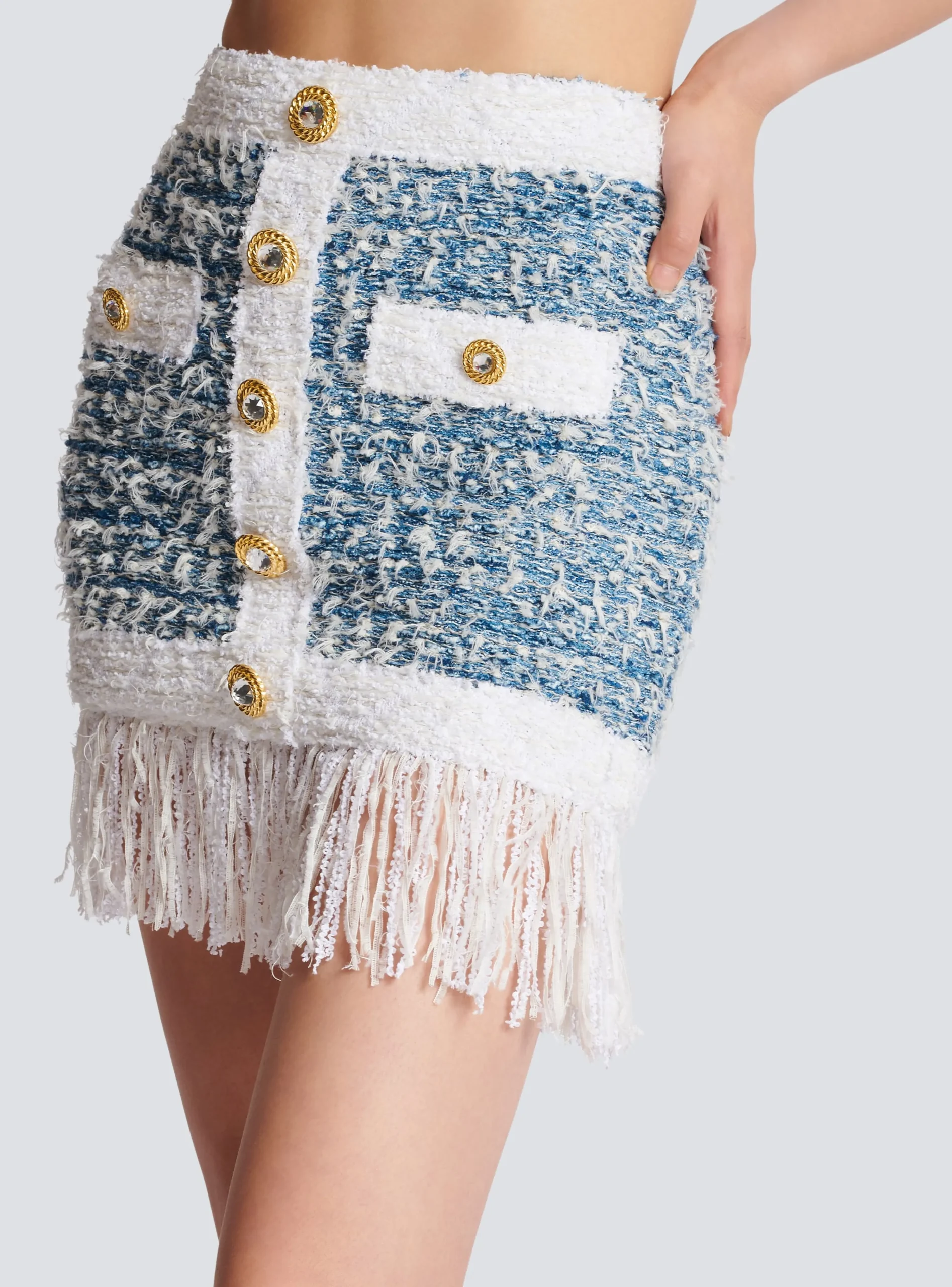 Fringed Denim Tweed Skirt-Balmain Hot