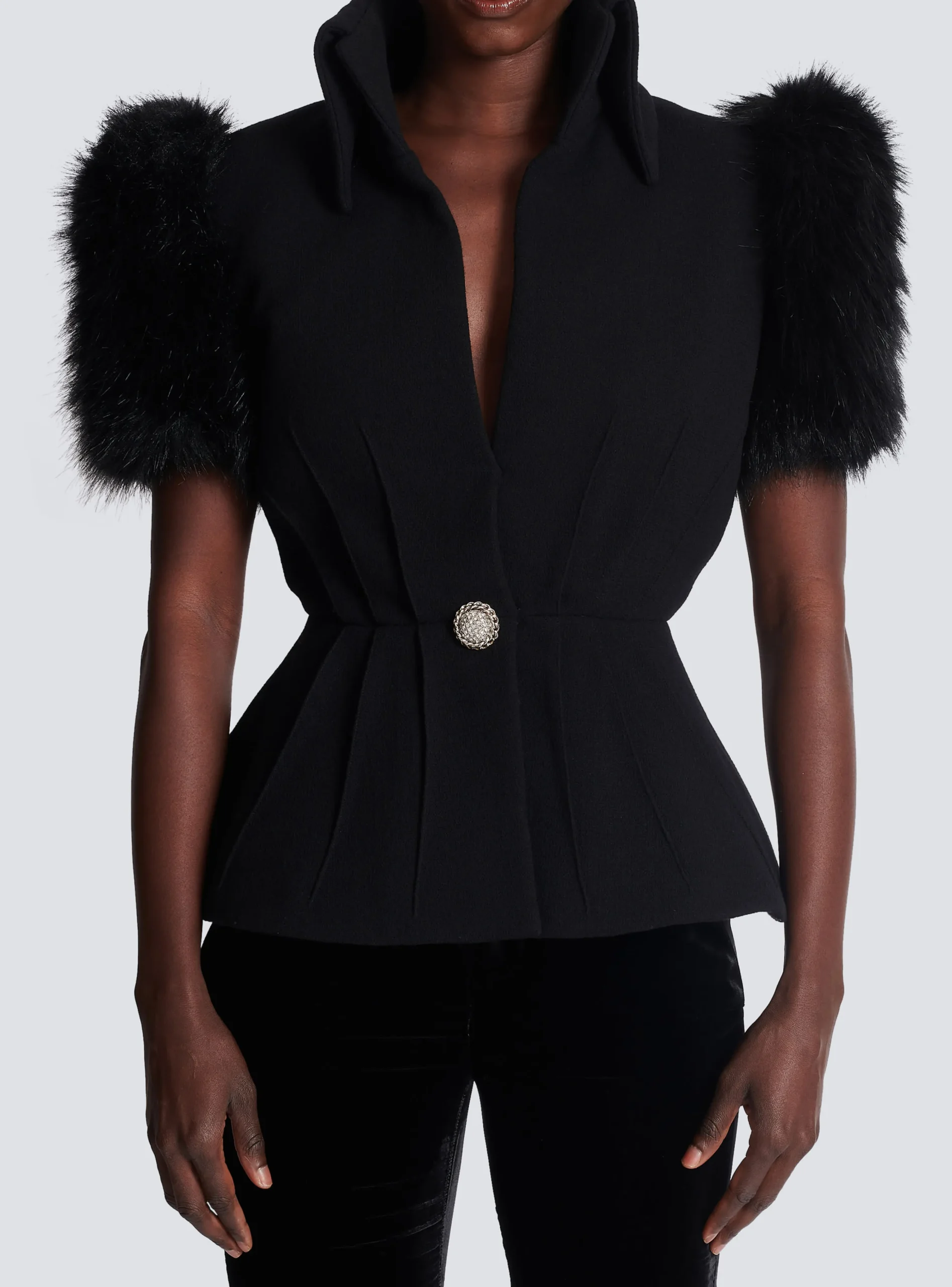 Jacket With Short Faux Fur Sleeves-Balmain Discount