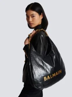 Large 1945 Soft Hobo Bag In Embossed Crinkled Calfskin With A PB Labyrinth Monogram-Balmain Fashion