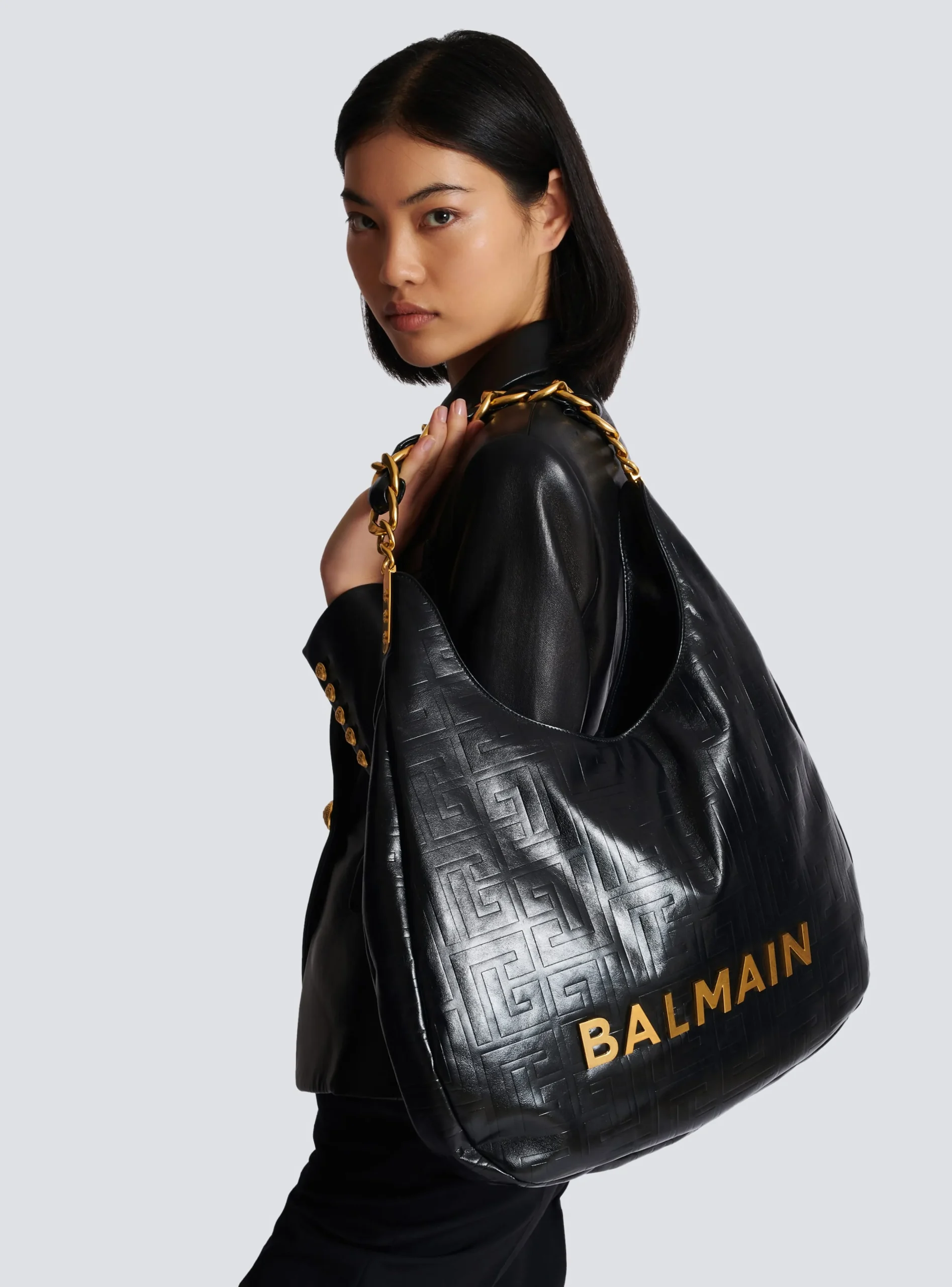 Large 1945 Soft Hobo Bag In Embossed Crinkled Calfskin With A PB Labyrinth Monogram-Balmain Fashion