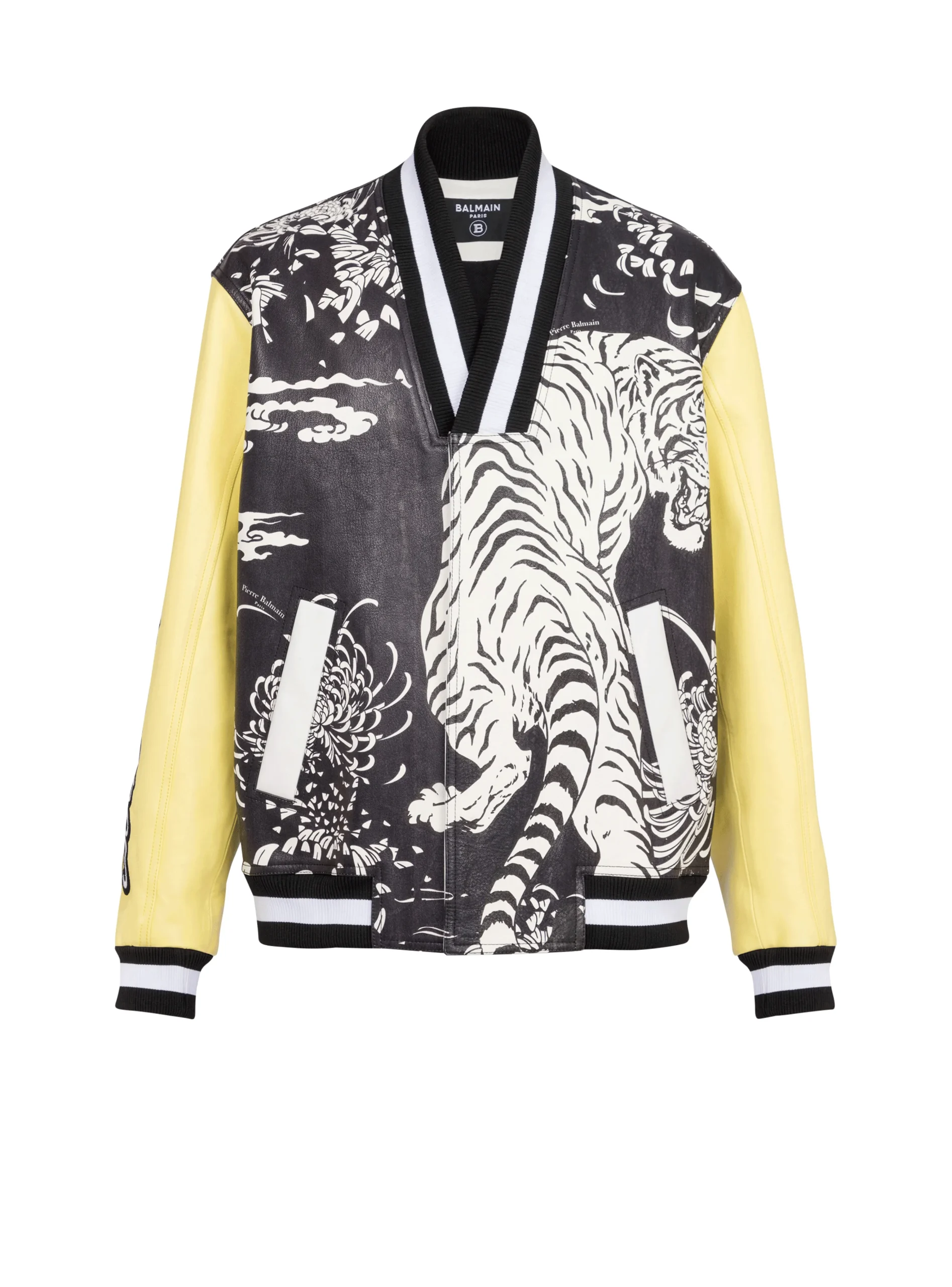 Leather Varsity Jacket With Tiger Print-Balmain Shop