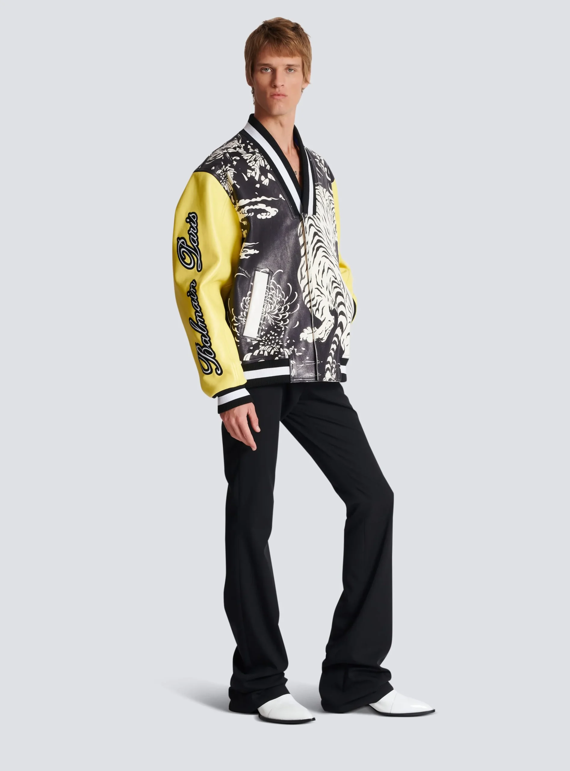 Leather Varsity Jacket With Tiger Print-Balmain Shop
