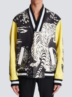 Leather Varsity Jacket With Tiger Print-Balmain Shop
