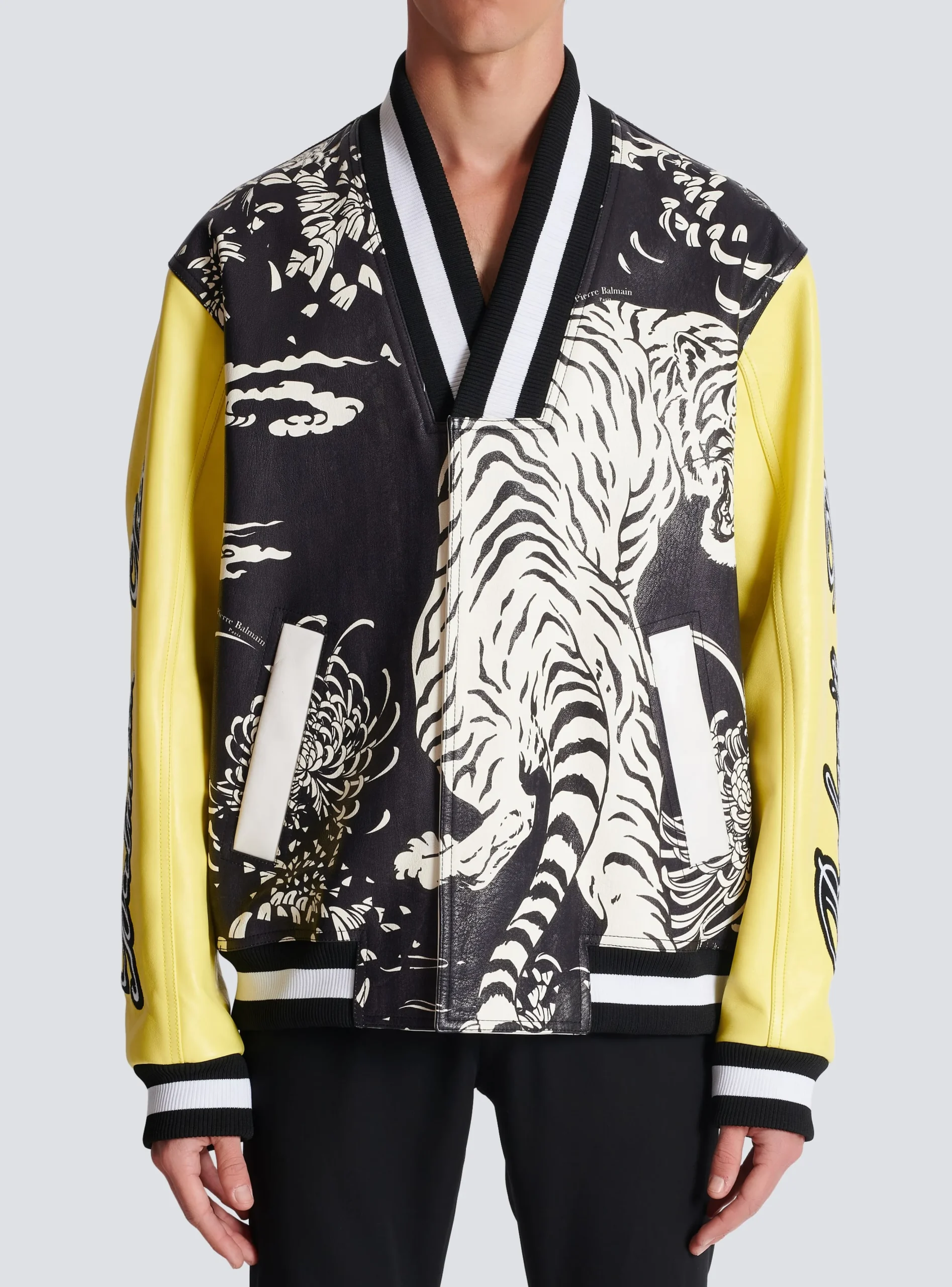 Leather Varsity Jacket With Tiger Print-Balmain Shop