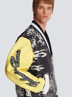Leather Varsity Jacket With Tiger Print-Balmain Shop