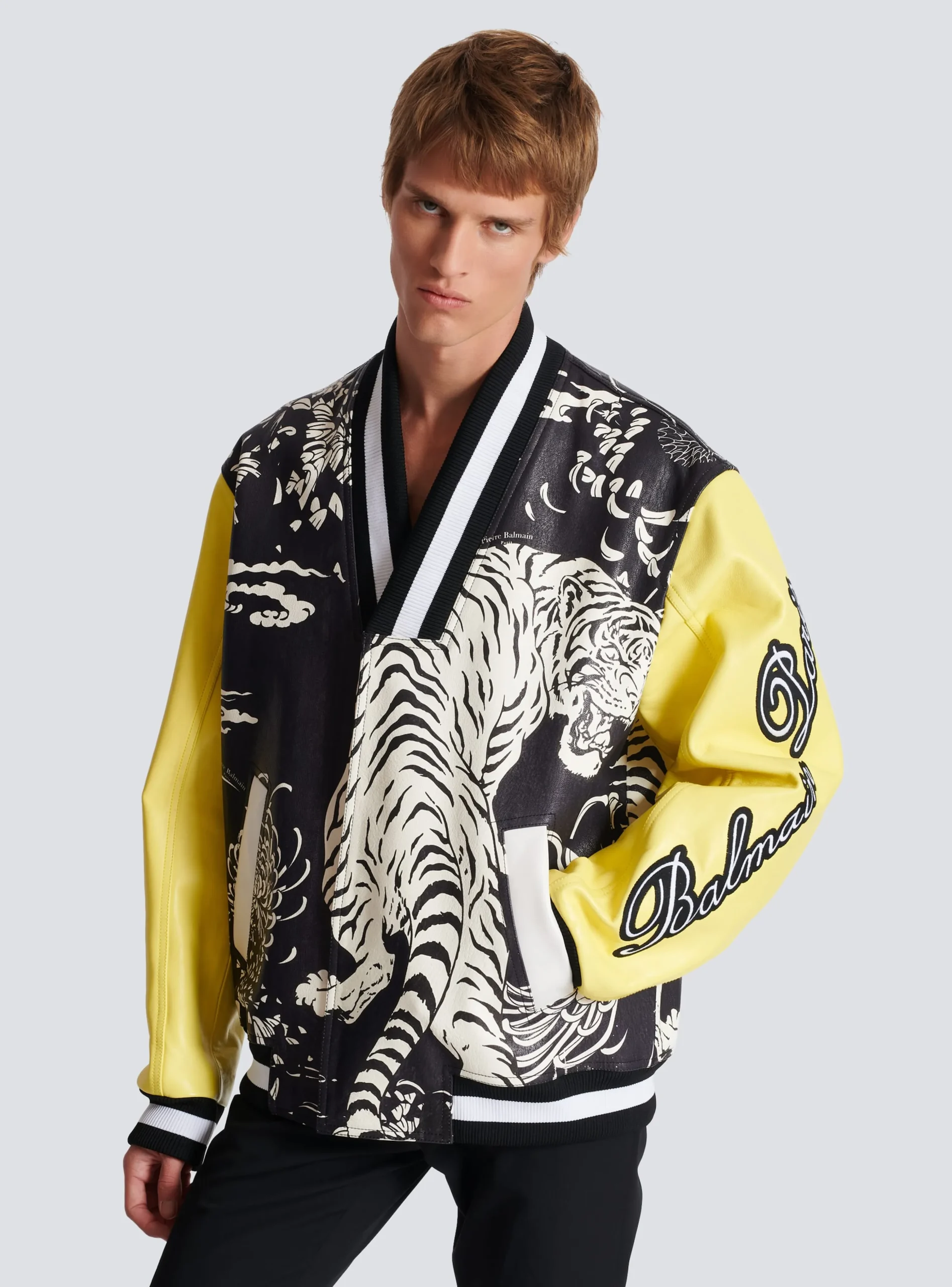Leather Varsity Jacket With Tiger Print-Balmain Shop