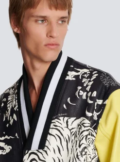 Leather Varsity Jacket With Tiger Print-Balmain Shop