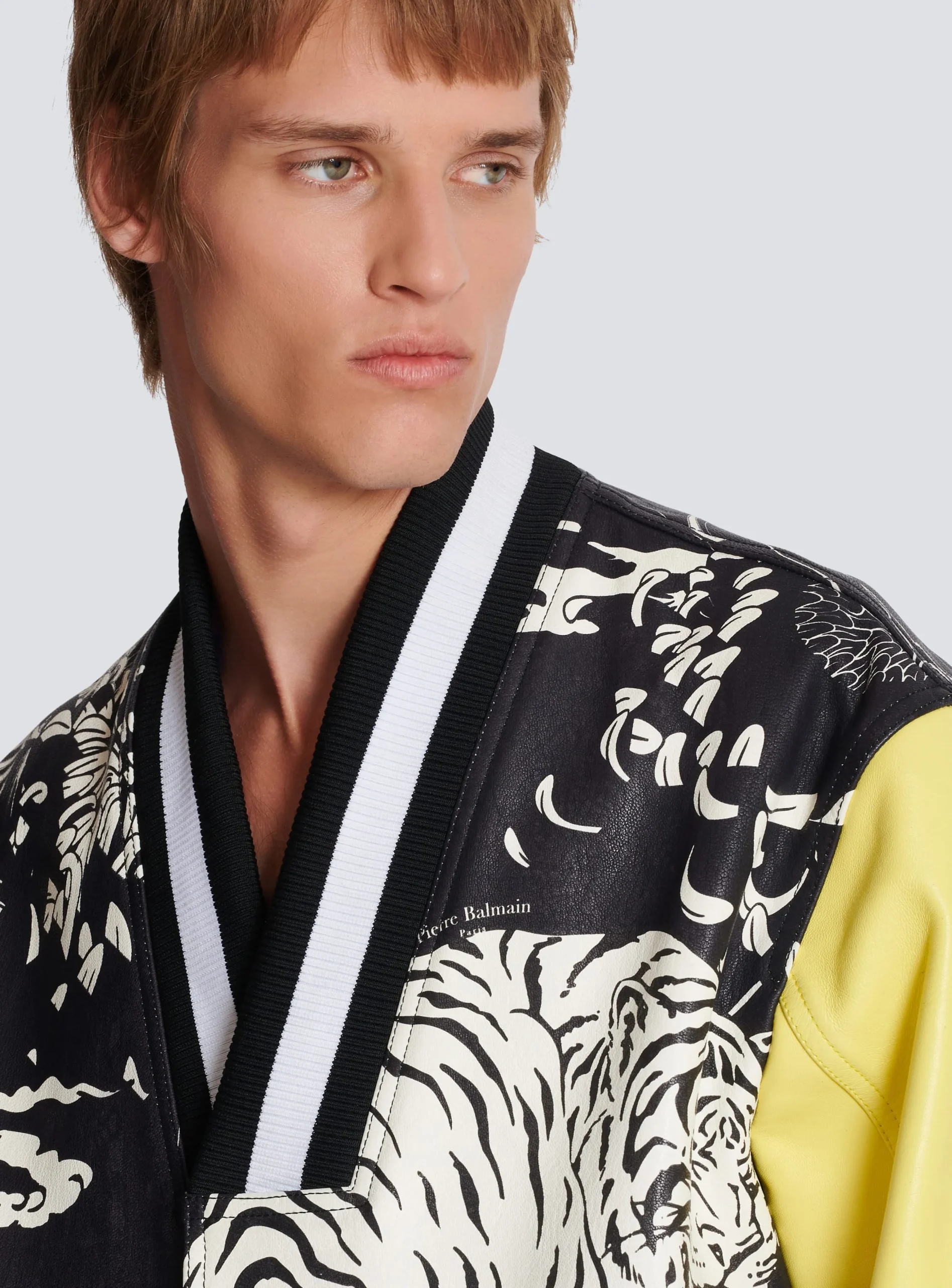 Leather Varsity Jacket With Tiger Print-Balmain Shop