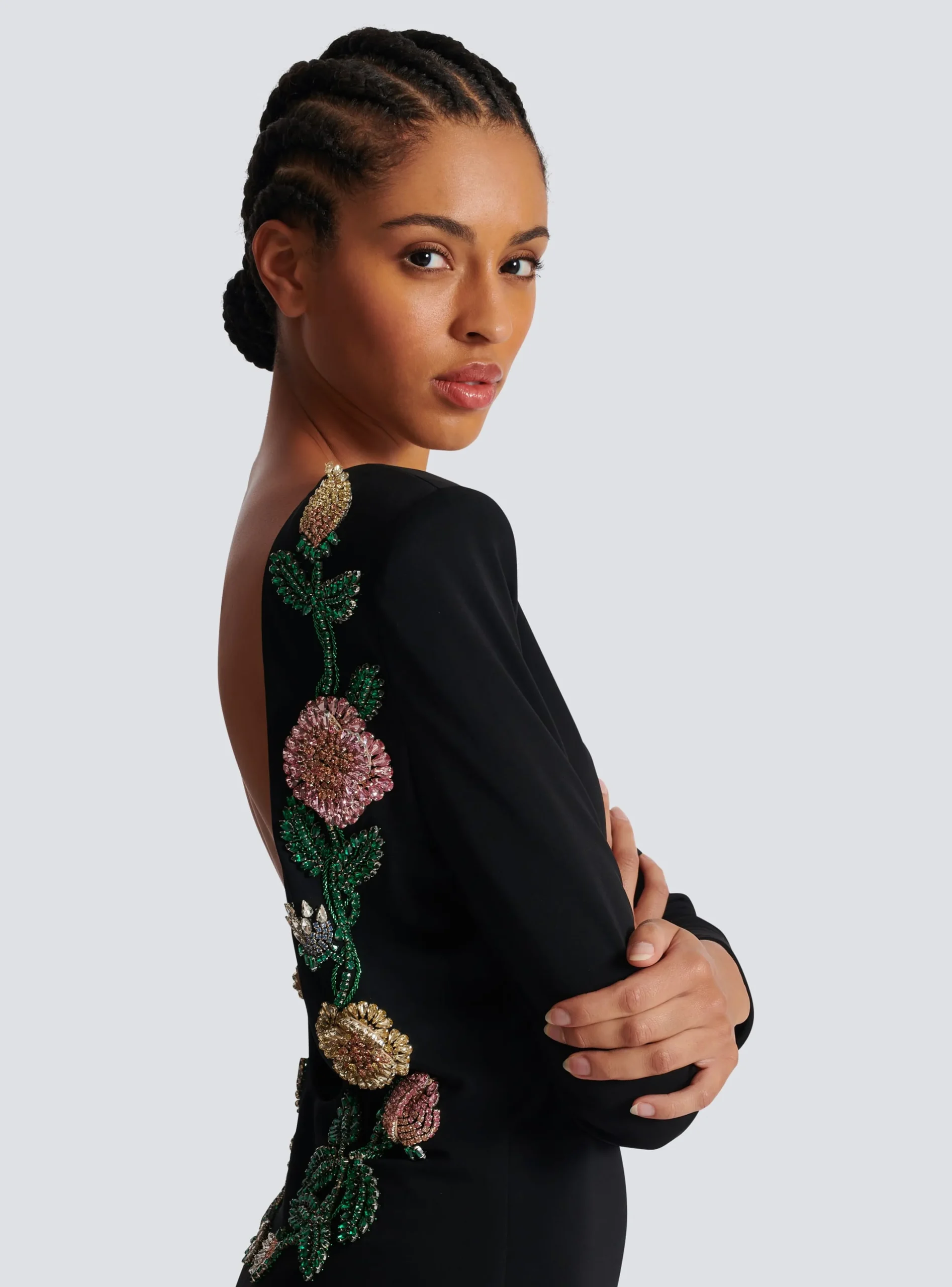 Long Backless Dress With Roses Embroidery-Balmain Fashion
