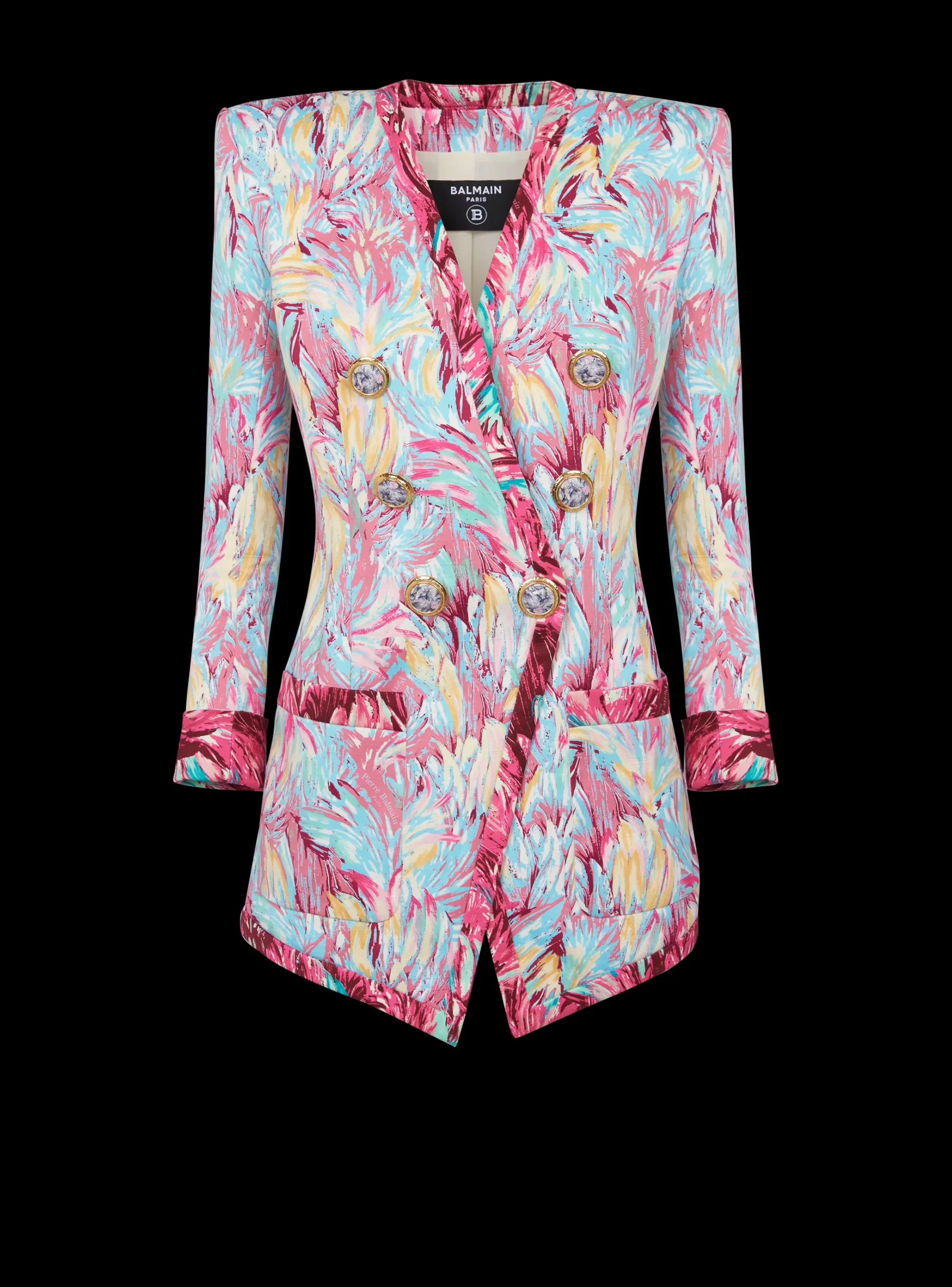 Long 6-button Jacket With Feather Print-Balmain Shop